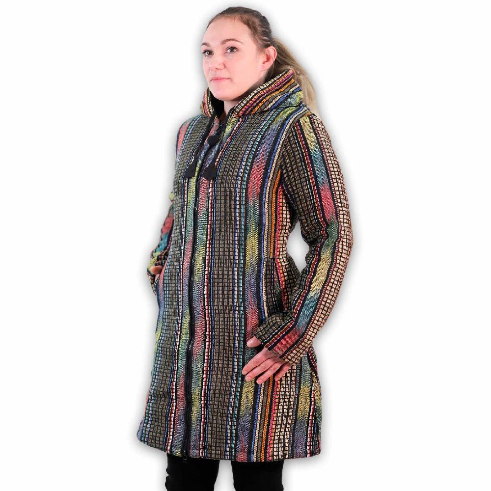 Kunst Und Magie Damen Gheri Jacke mit Kapuze -Hippie Goa Boho Damen Mantel Bunt
