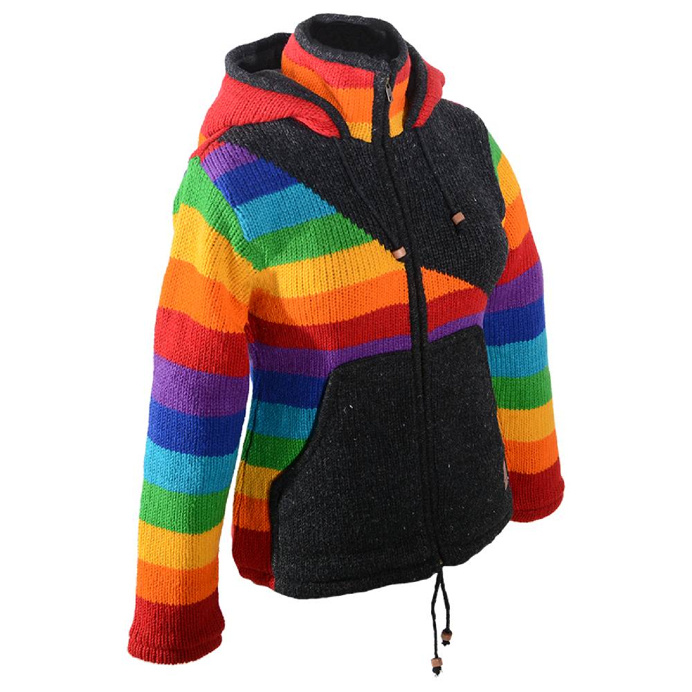 Kunst Und Magie Damen Goa Winter Strickjacke Wolle Fleecefutter Abnehmbarer Zipfelkapuze Schwarz/Regenbogen