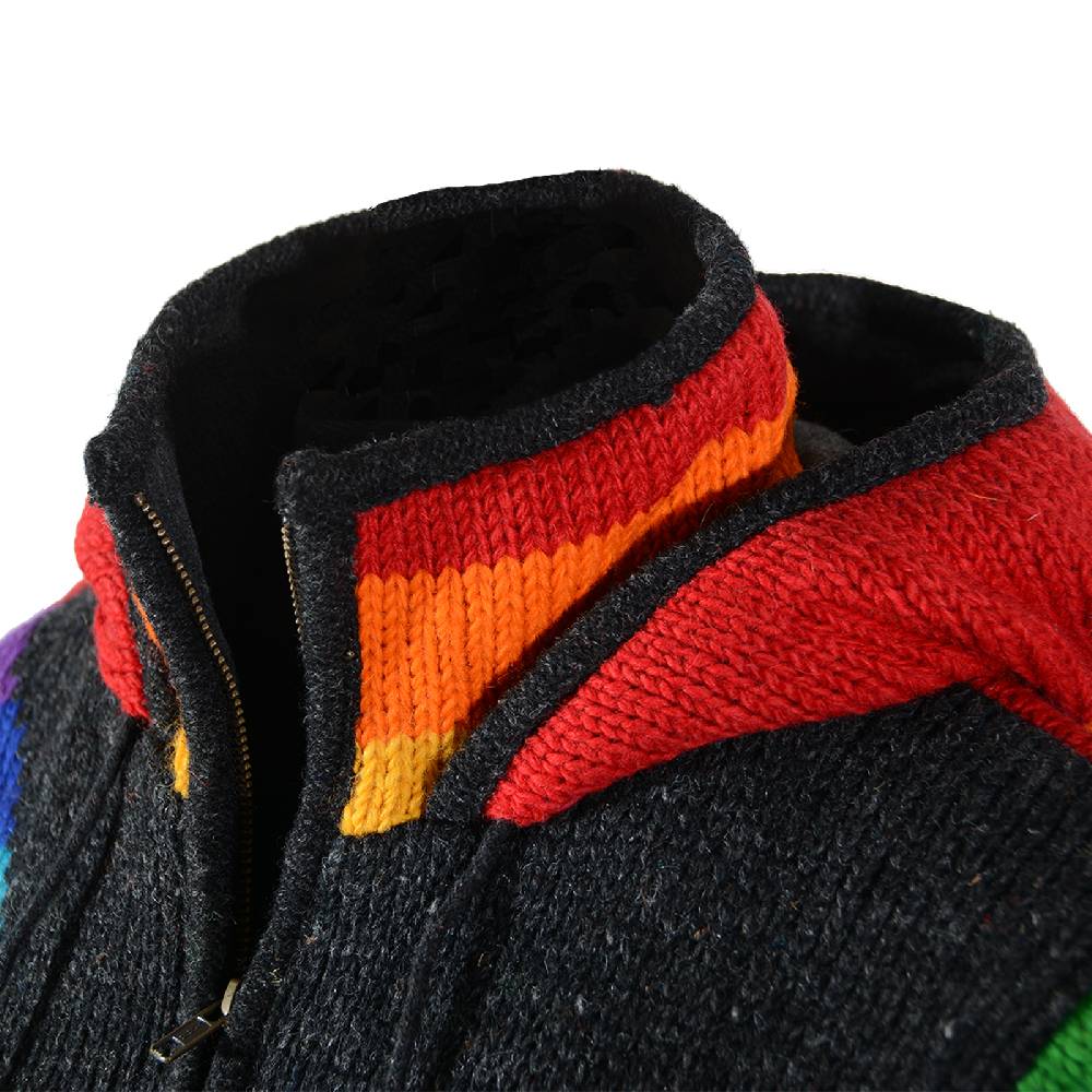 Kunst Und Magie Damen Goa Winter Strickjacke Wolle Fleecefutter Abnehmbarer Zipfelkapuze Schwarz/Regenbogen