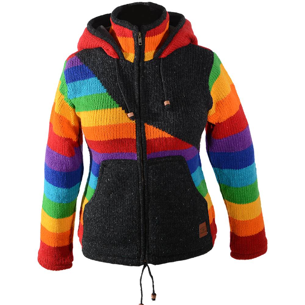 Kunst Und Magie Damen Goa Winter Strickjacke Wolle Fleecefutter abnehmbarer Zipfelkapuze Schwarz/Regenbogen