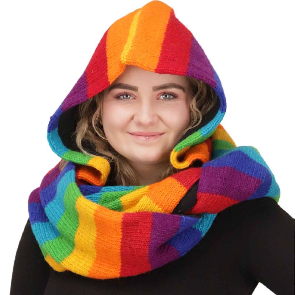 Kunst Und Magie Damen Kapuzenschal Loop Schal Hoodie Schalmütze Poncho Regenbogenfarben aus Wolle gestrickt Strick Kapuze