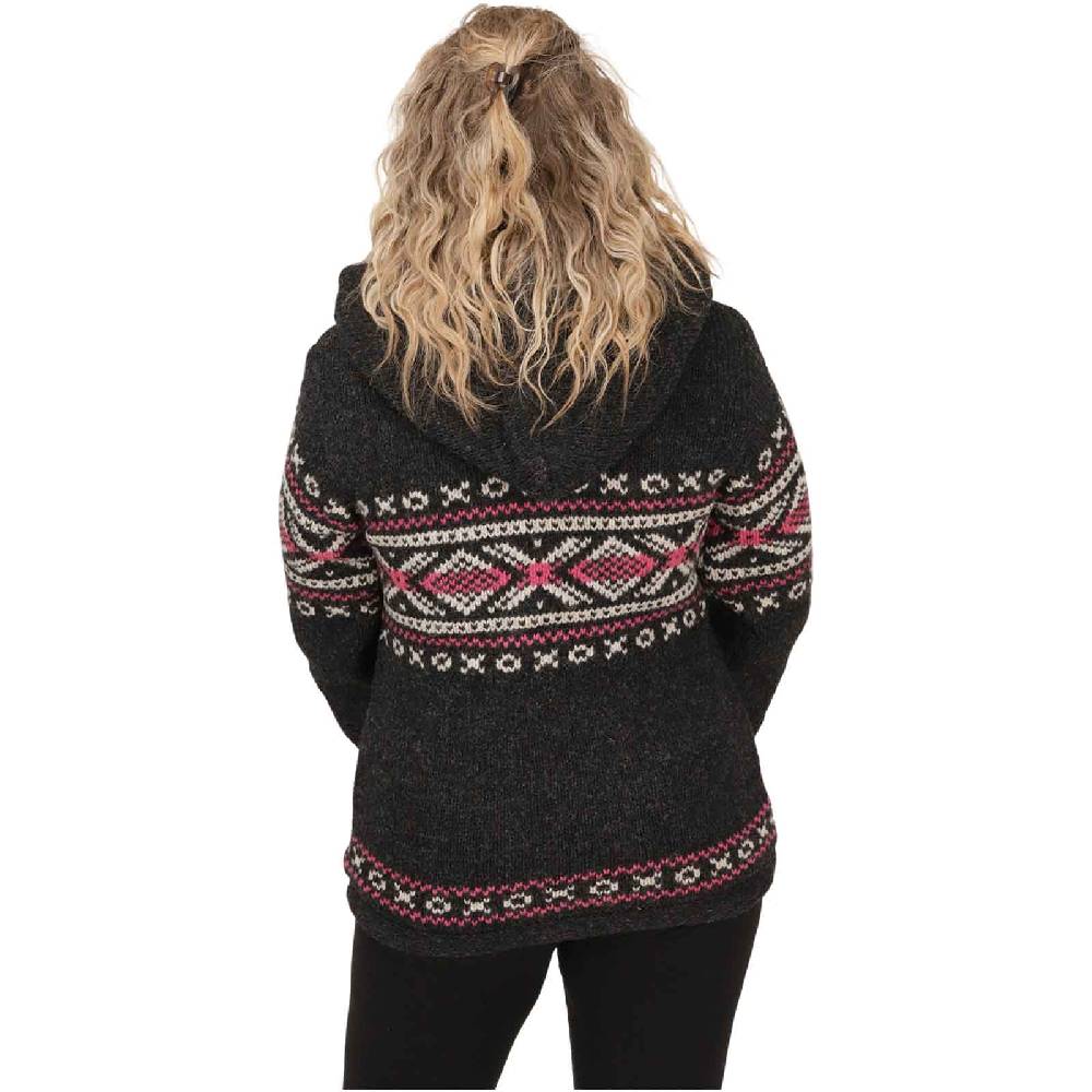 Kunst Und Magie Damen Klassische Gefütterte Wolljacke Strickjacke Goa Wolle Jacke Norweger Muster Abnehmbarer Kapuze