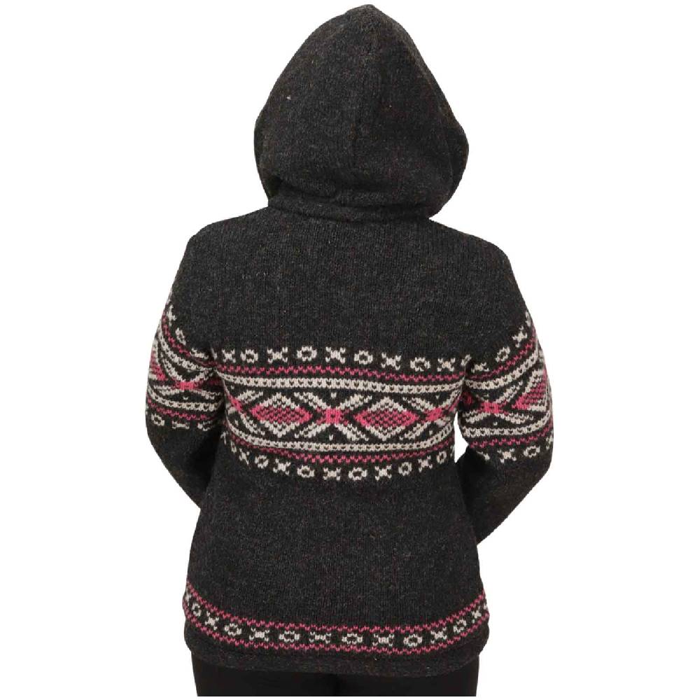 Kunst Und Magie Damen Klassische Gefütterte Wolljacke Strickjacke Goa Wolle Jacke Norweger Muster Abnehmbarer Kapuze