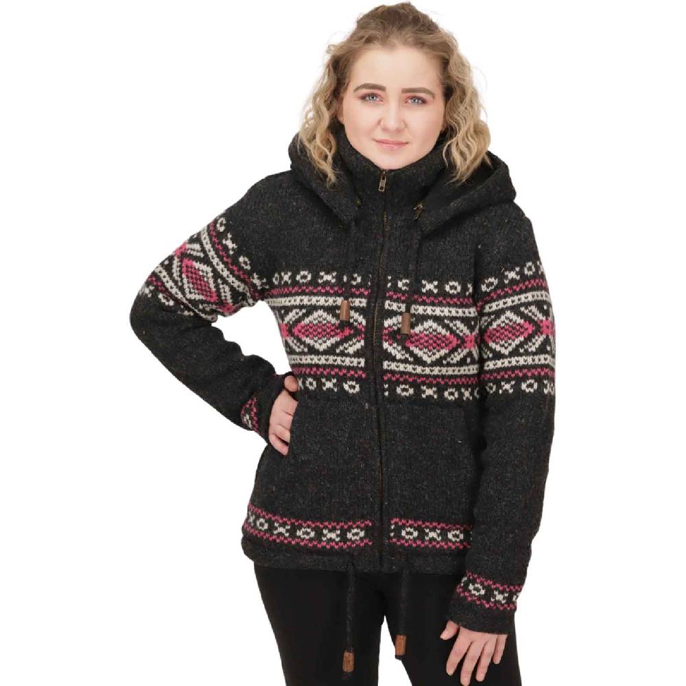 Kunst Und Magie Damen Klassische Gefütterte Wolljacke Strickjacke Goa Wolle Jacke Norweger Muster Abnehmbarer Kapuze