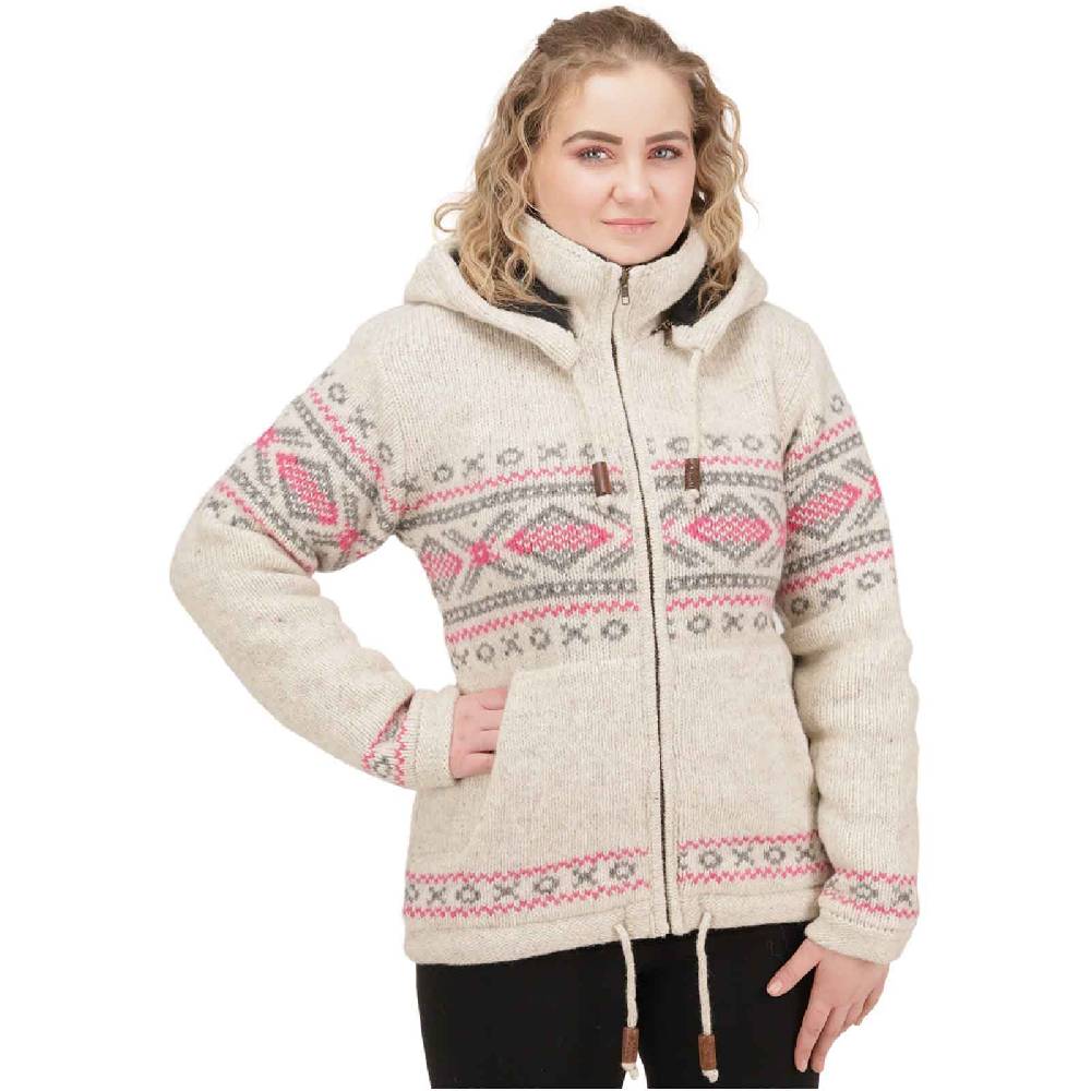 Kunst Und Magie Damen Klassische Gefütterte Wolljacke Strickjacke Goa Wolle Jacke Norweger Muster Abnehmbarer Kapuze