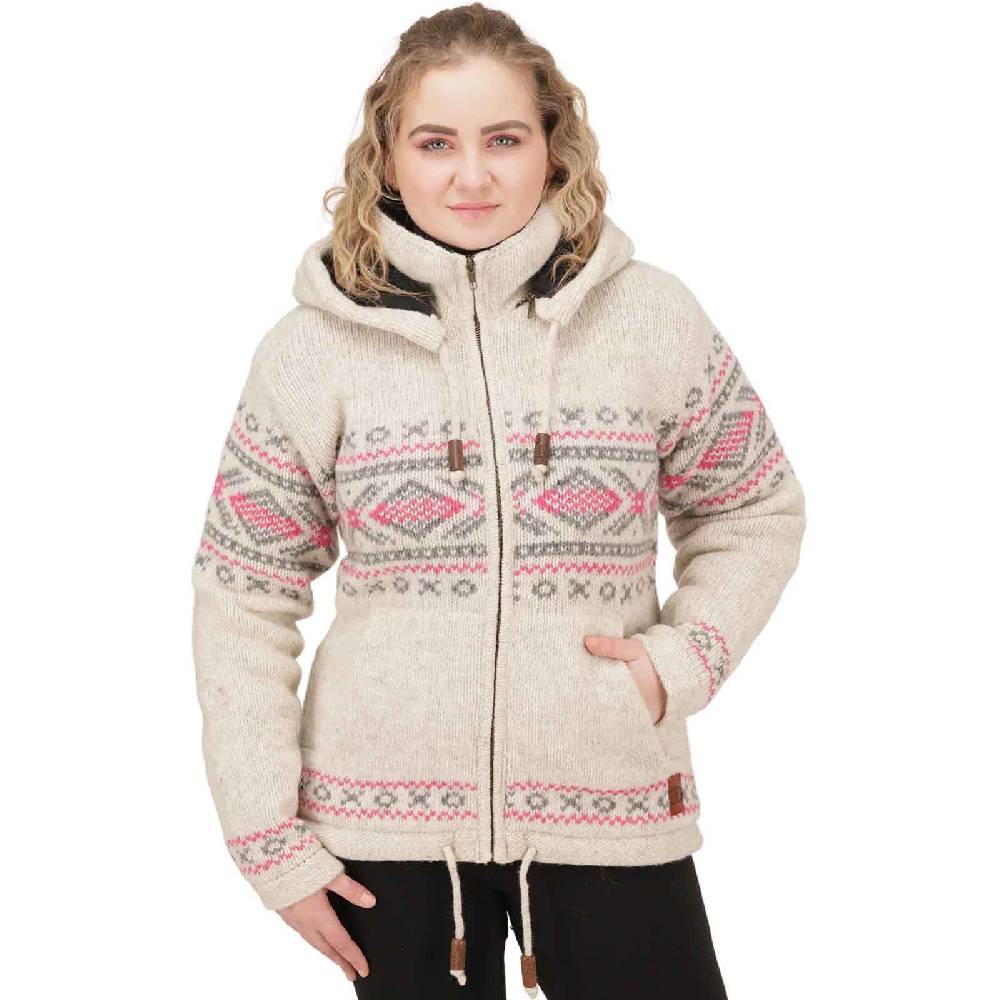 Kunst Und Magie Damen Klassische Gefütterte Wolljacke Strickjacke Goa Wolle Jacke Norweger Muster Abnehmbarer Kapuze