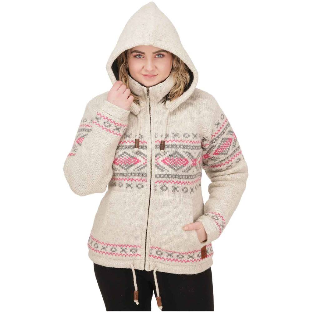 Kunst Und Magie Damen Klassische gefütterte Wolljacke Strickjacke Goa Wolle Jacke Norweger Muster abnehmbarer Kapuze