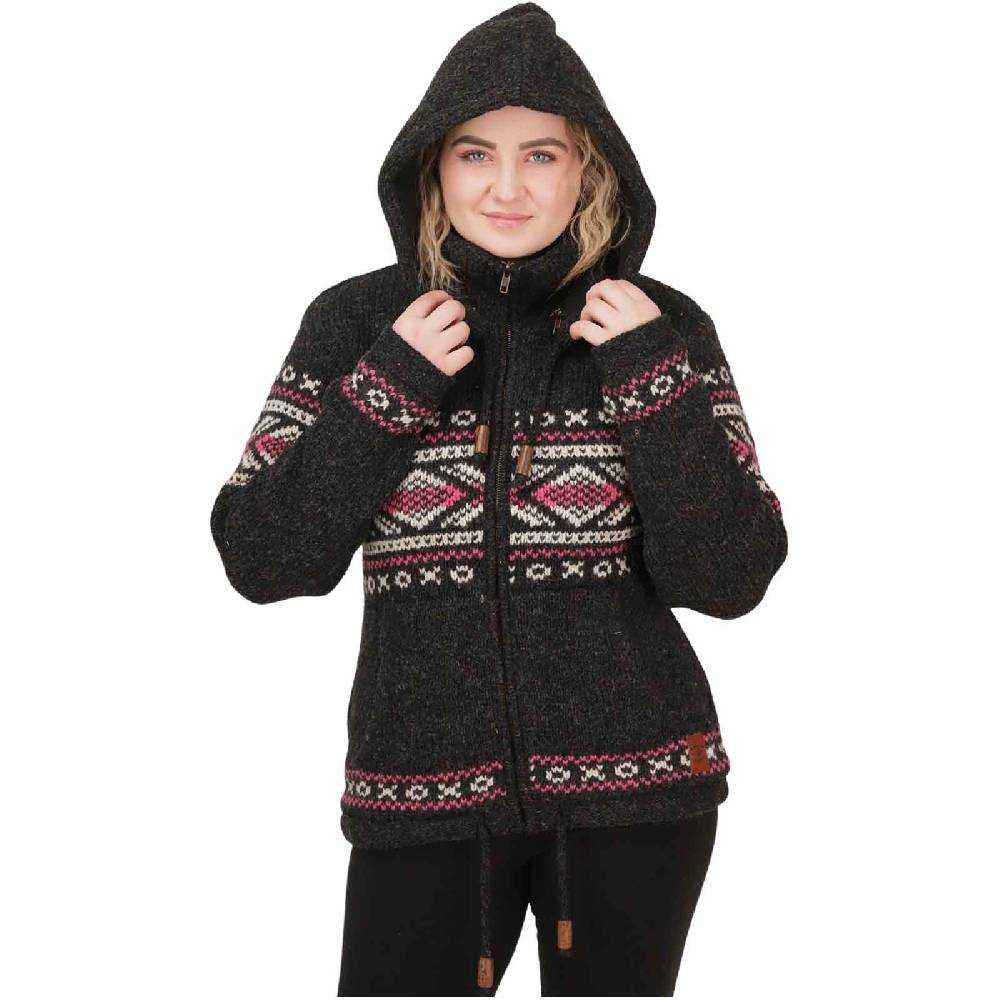 Kunst Und Magie Damen Klassische gefütterte Wolljacke Strickjacke Goa Wolle Jacke Norweger Muster abnehmbarer Kapuze