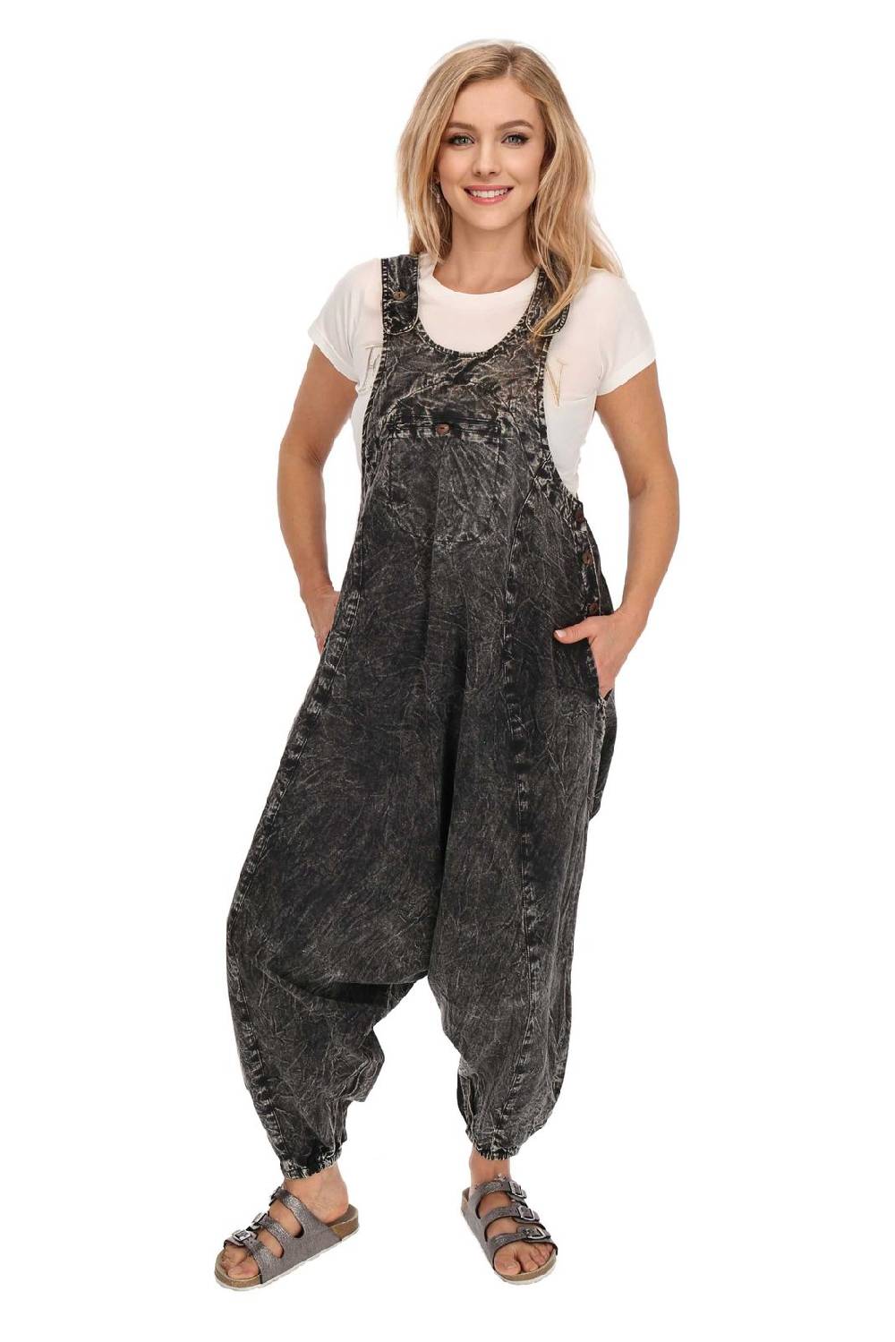 Kunst Und Magie Damen Latzhose Hippie Haremshose Goa Hose Boho 70er Jumpsuit Overall Stonewashed Catsuit