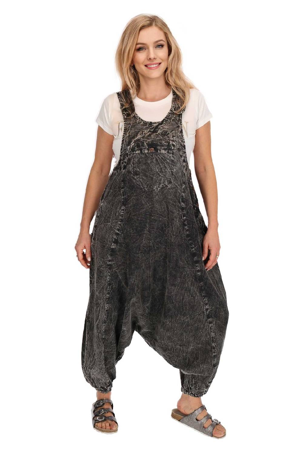 Kunst Und Magie Damen Latzhose Hippie Haremshose Goa Hose Boho 70er Jumpsuit Overall Stonewashed Catsuit