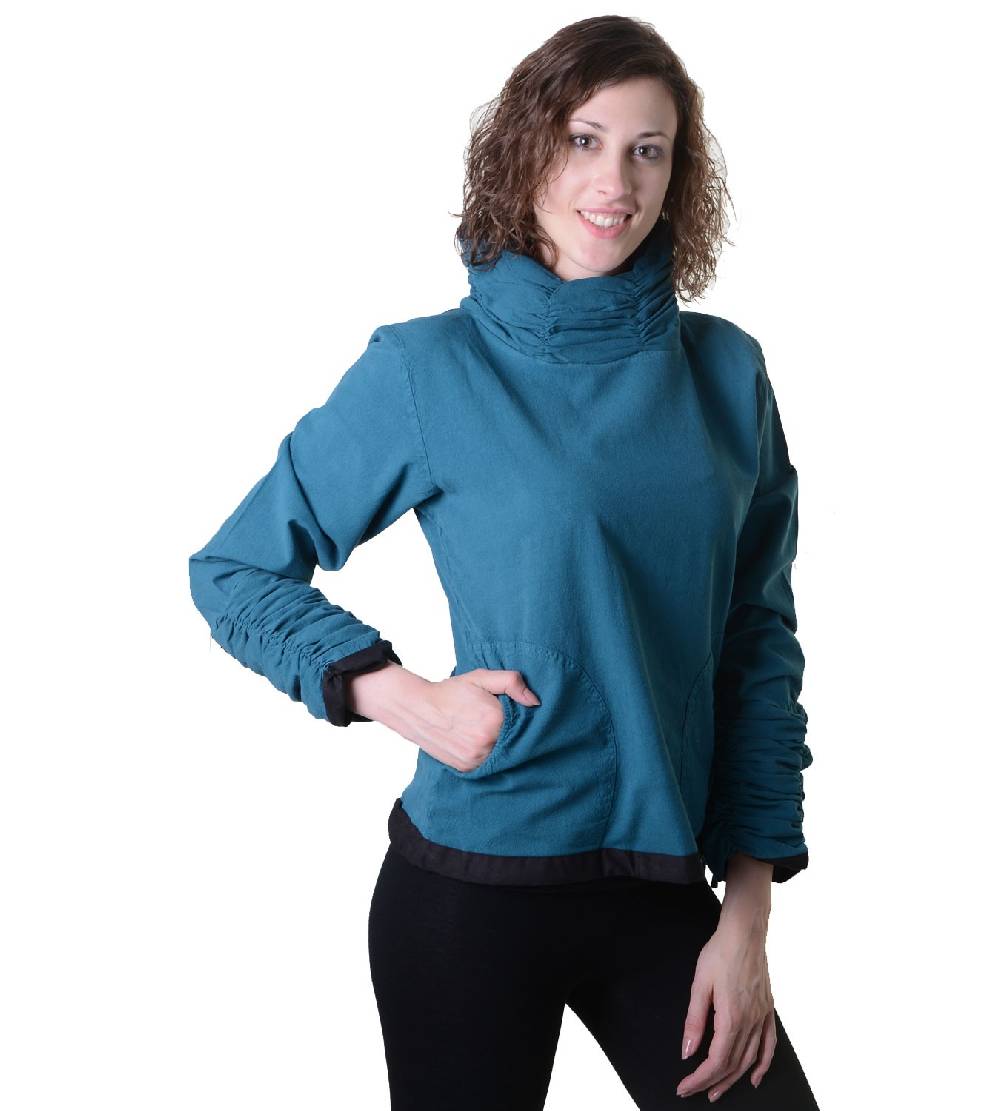 Kunst Und Magie Damen Pullover aus Baumwolle im Rollkragen Rüschen-Look - Hippie Oberteil