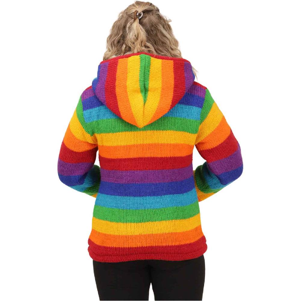 Kunst Und Magie Damen Regenbogen Strickjacke Goa Wolle Jacke Mit Fleecefutter Und Abnehmbarer Kapuze