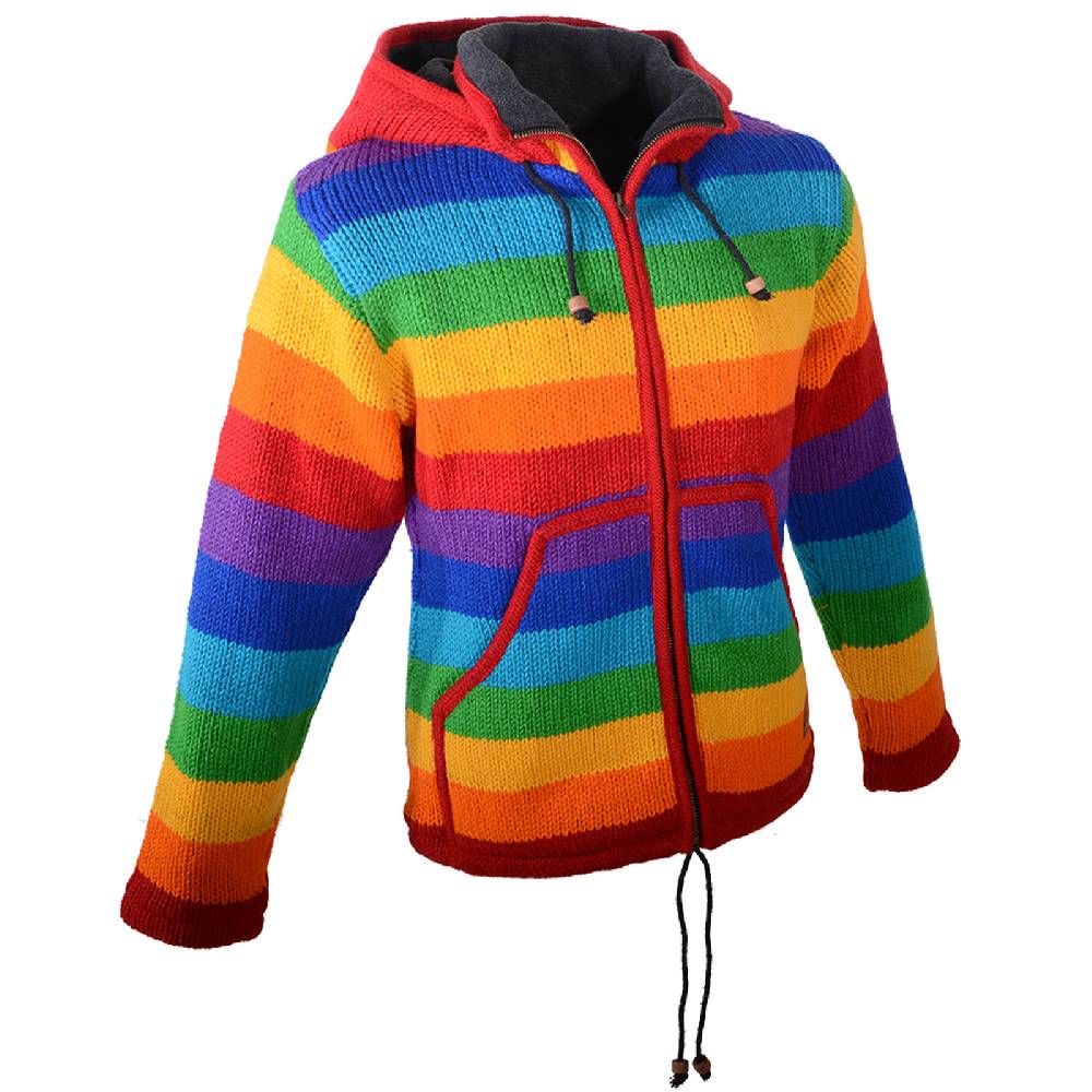 Kunst Und Magie Damen Regenbogen Strickjacke Goa Wolle Jacke Mit Fleecefutter Und Abnehmbarer Zipfelkapuze