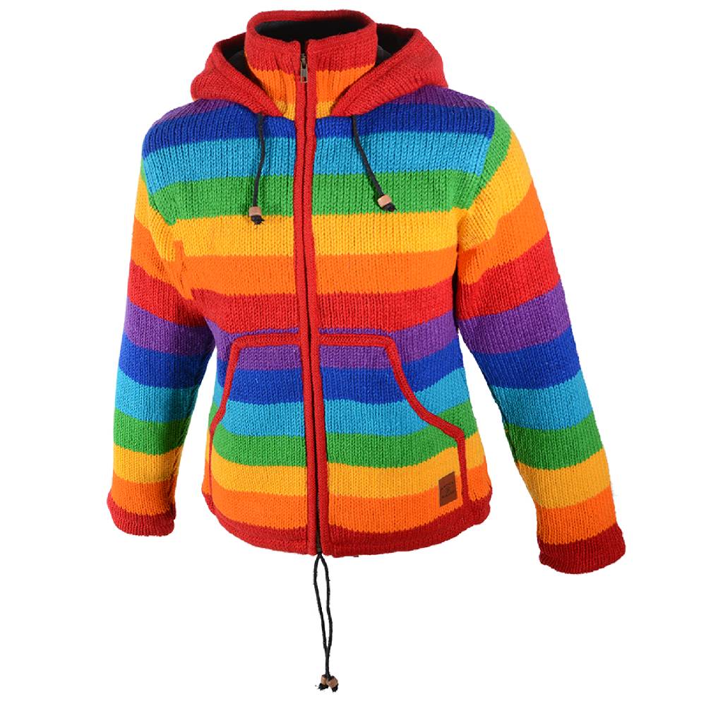 Kunst Und Magie Damen Regenbogen Strickjacke Goa Wolle Jacke mit Fleecefutter und abnehmbarer Zipfelkapuze