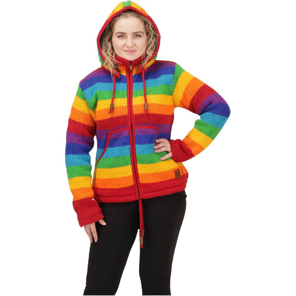 Kunst Und Magie Damen Regenbogen Strickjacke Goa Wolle Jacke mit Fleecefutter und abnehmbarer Kapuze