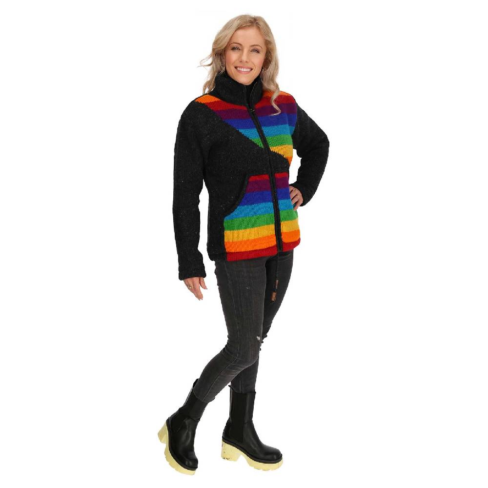 Kunst Und Magie Damen Strickjacke Gefütterte Wolljacke Strickpullover Goa Wolle Bunte Jacke Regenbogen
