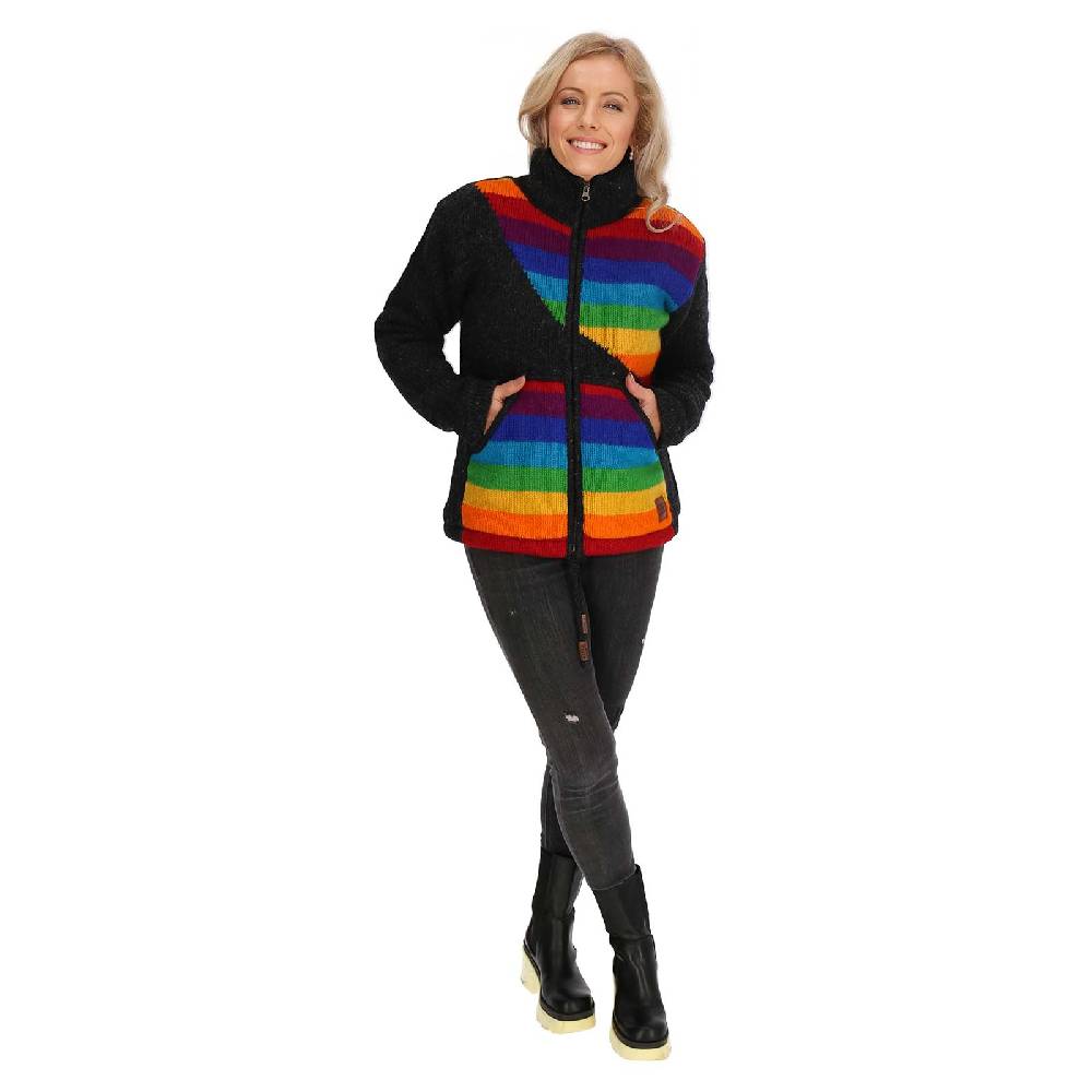 Kunst Und Magie Damen Strickjacke Gefütterte Wolljacke Strickpullover Goa Wolle Bunte Jacke Regenbogen