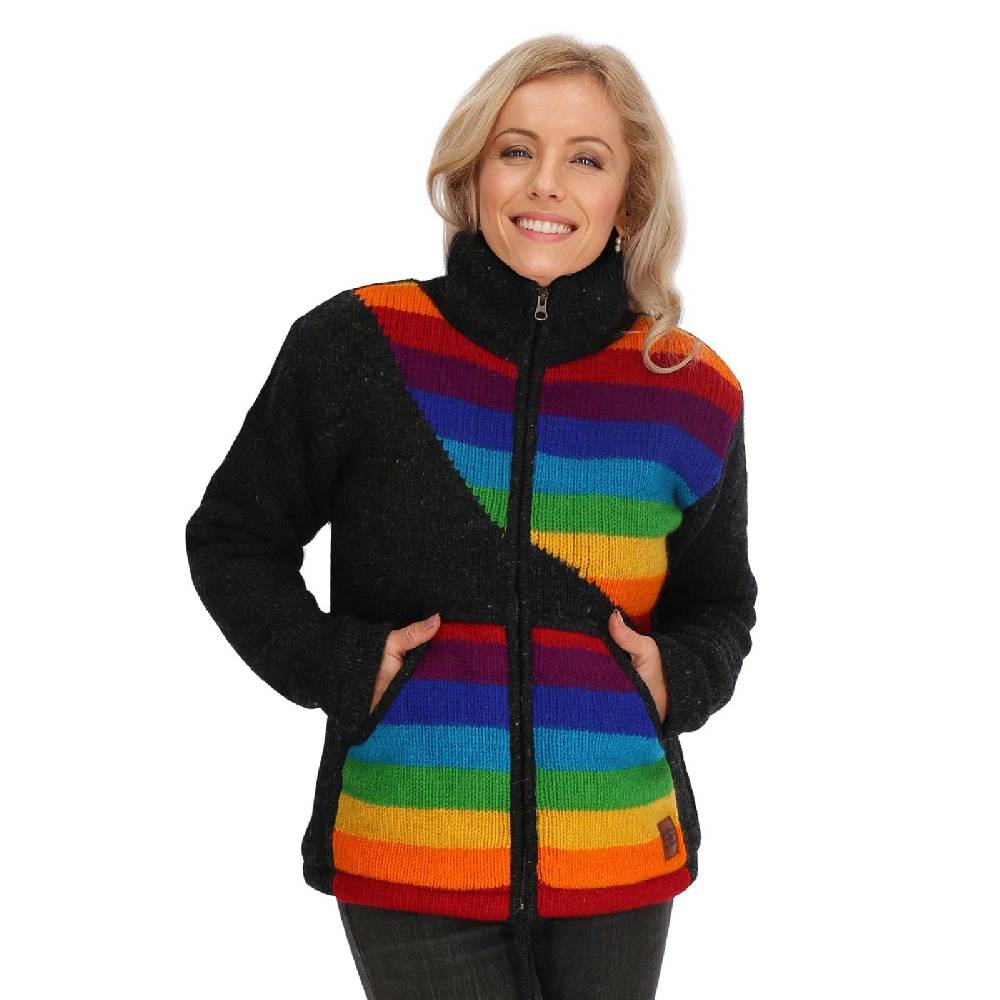 Kunst Und Magie Damen Strickjacke gefütterte Wolljacke Strickpullover Goa Wolle Bunte Jacke Regenbogen