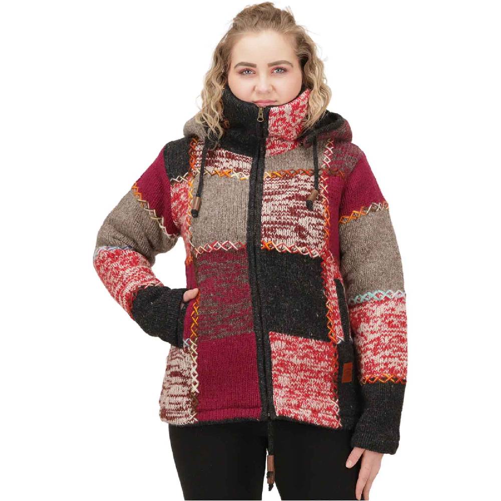 Kunst Und Magie Damen Strickjacke Goa Wolle Bunte Patchwork Jacke Fleecefutter Hochkragen Abnehmbarer Kapuze