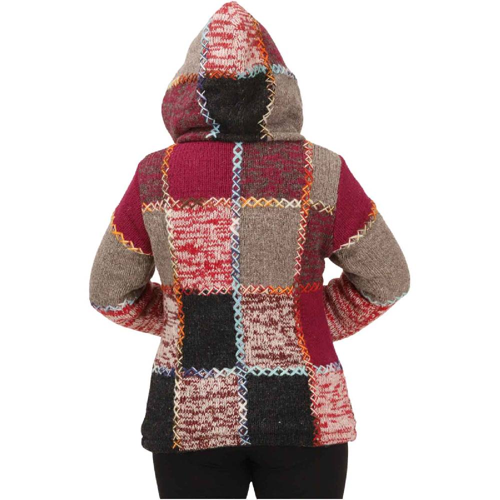 Kunst Und Magie Damen Strickjacke Goa Wolle Bunte Patchwork Jacke Fleecefutter Hochkragen Abnehmbarer Kapuze