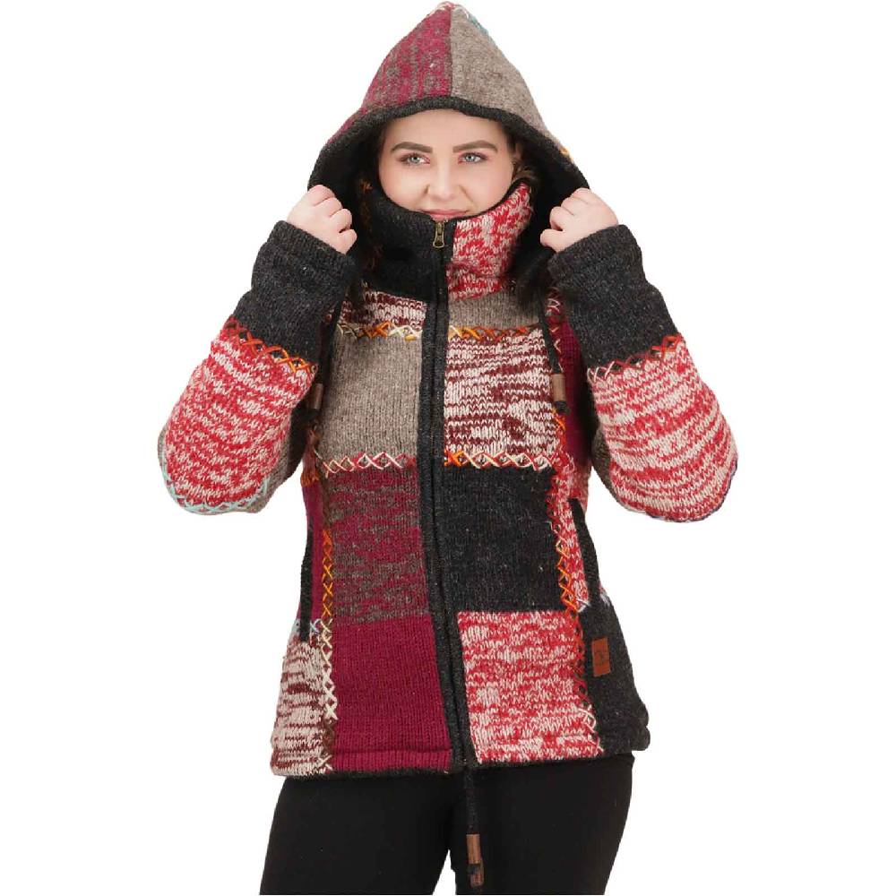 Kunst Und Magie Damen Strickjacke Goa Wolle Bunte Patchwork Jacke Fleecefutter Hochkragen Abnehmbarer Kapuze