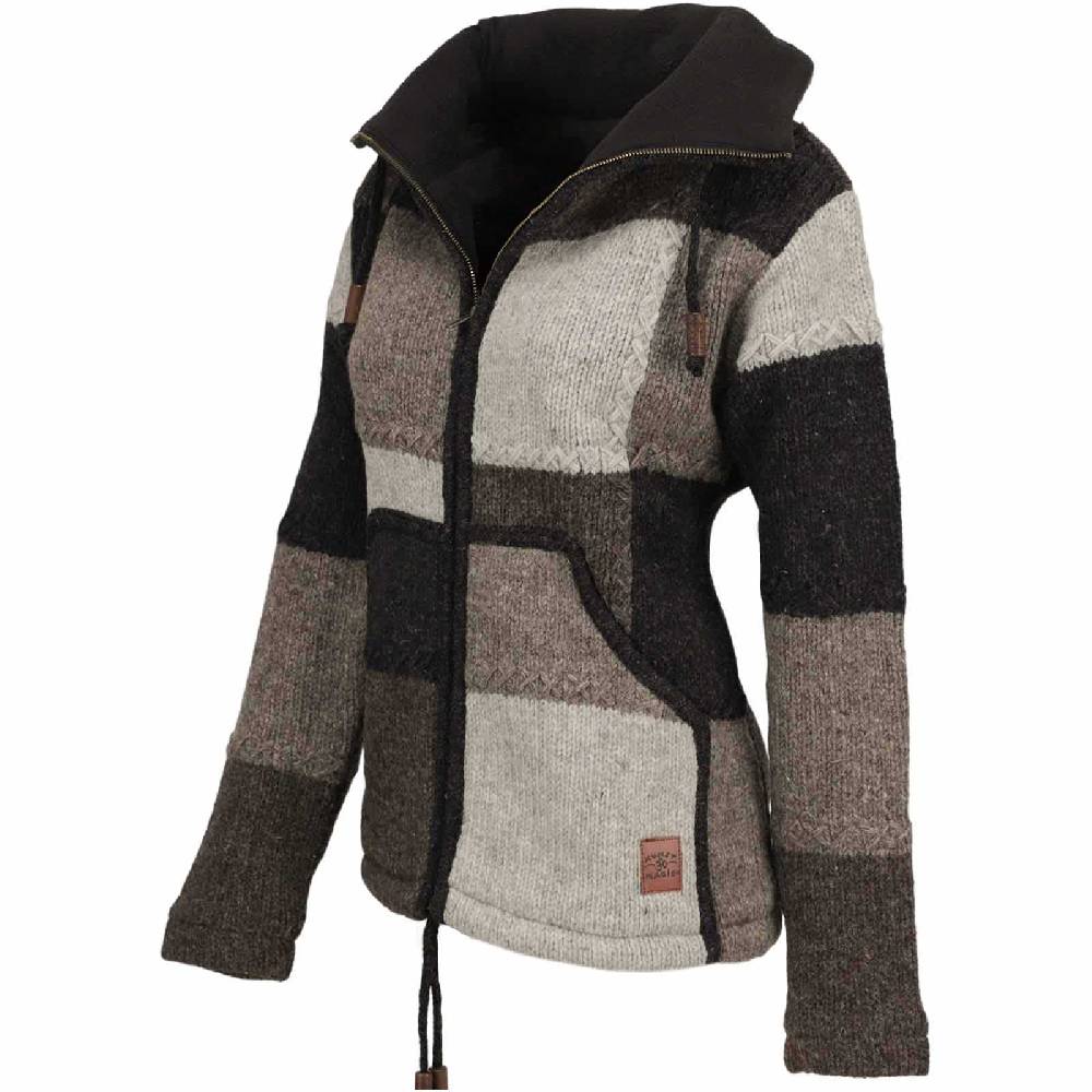 Kunst Und Magie Damen Strickjacke Goa Wolle Bunte Patchwork Jacke Mit Fleecefutter Und Hochkragen
