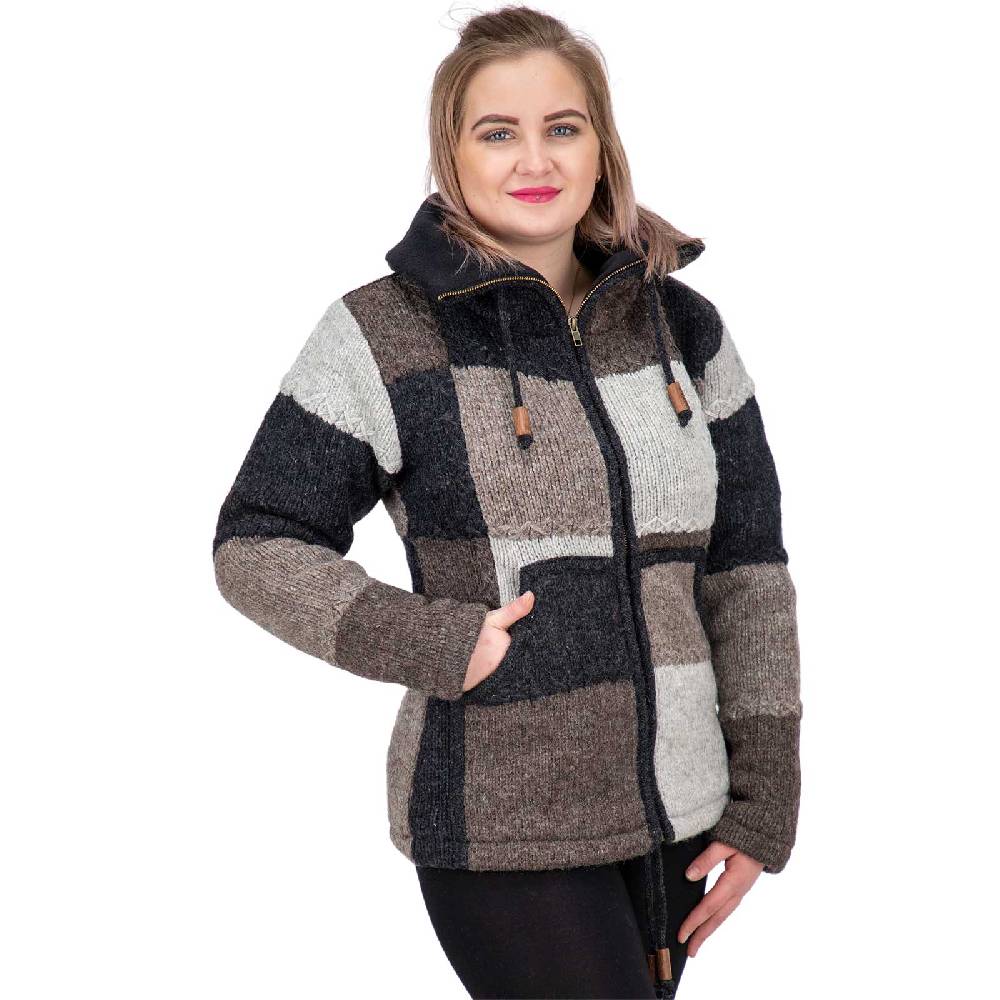Kunst Und Magie Damen Strickjacke Goa Wolle Bunte Patchwork Jacke mit Fleecefutter und Hochkragen