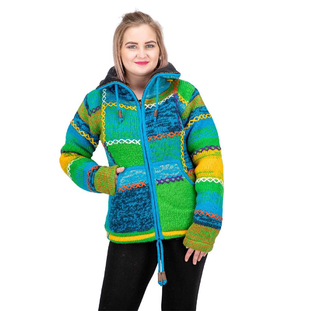 Kunst Und Magie Damen Strickjacke Goa Wolle Bunte Patchwork Jacke Mit Fleecefutter Und Hochkragen