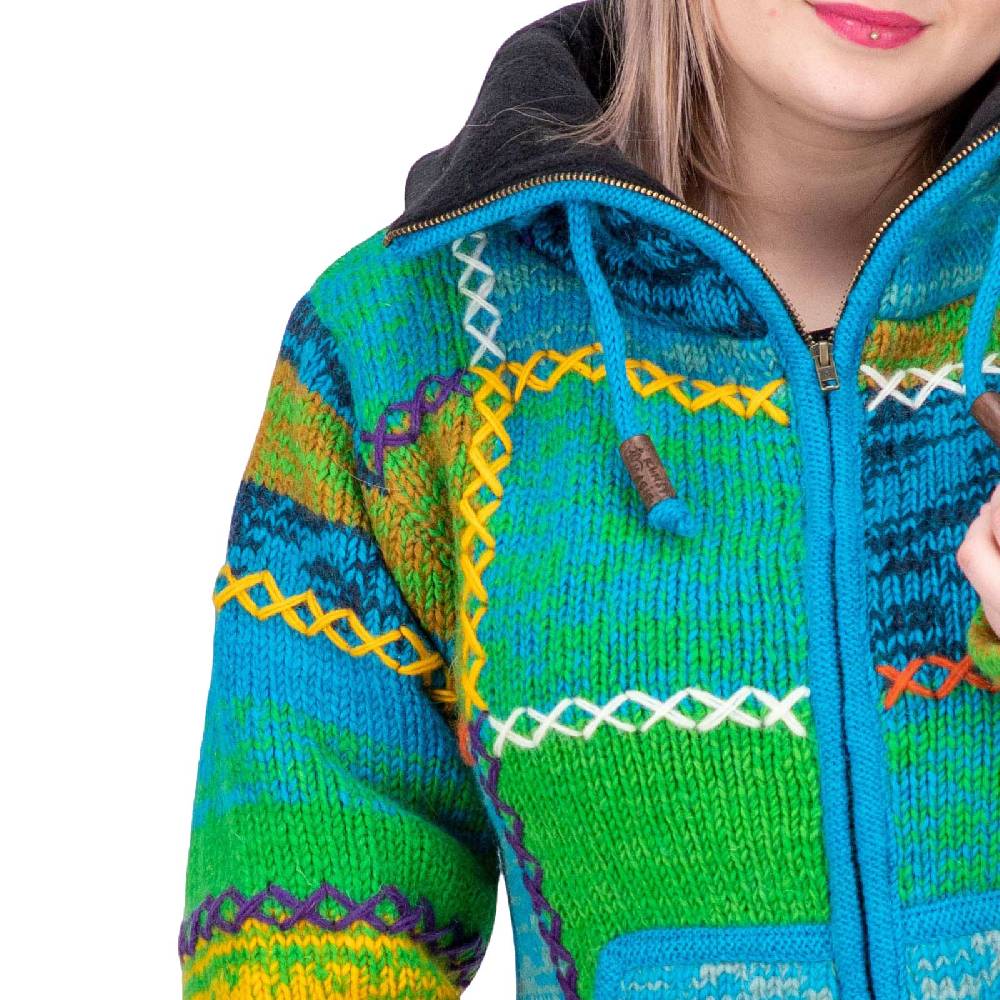 Kunst Und Magie Damen Strickjacke Goa Wolle Bunte Patchwork Jacke Mit Fleecefutter Und Hochkragen