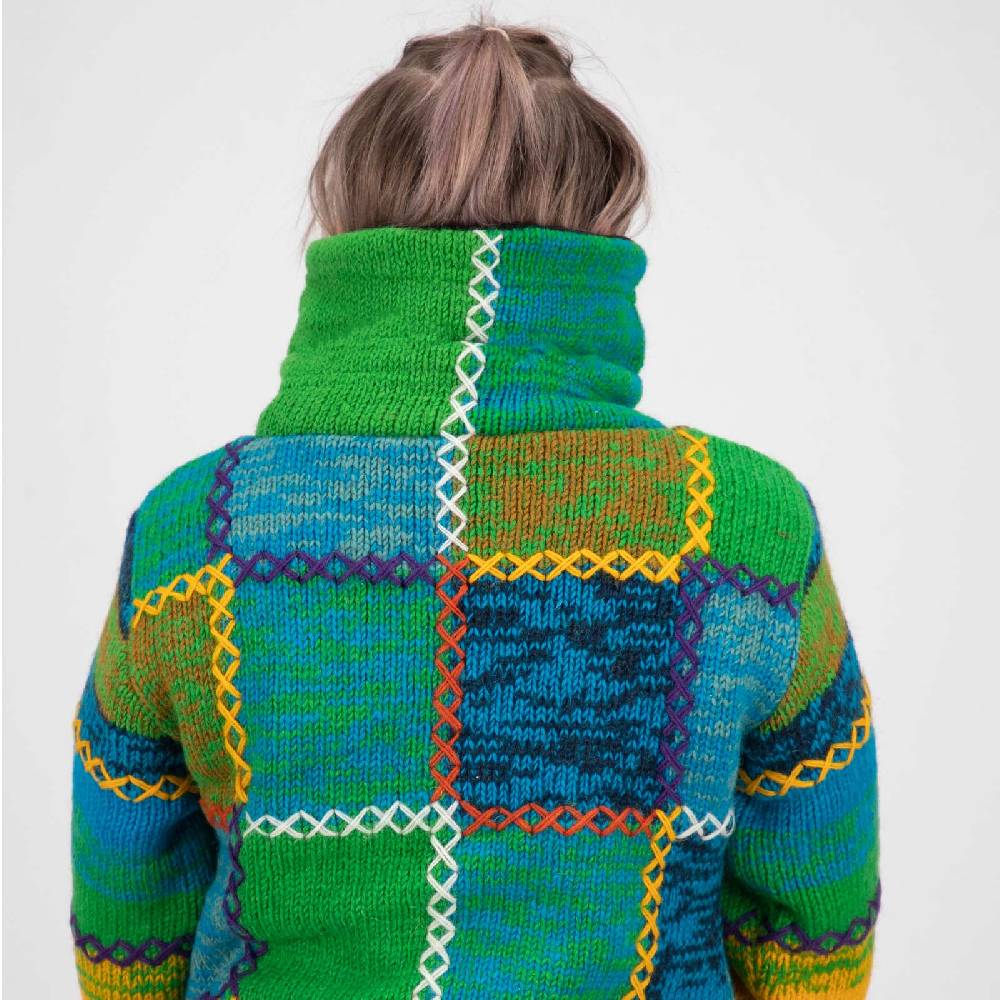 Kunst Und Magie Damen Strickjacke Goa Wolle Bunte Patchwork Jacke Mit Fleecefutter Und Hochkragen