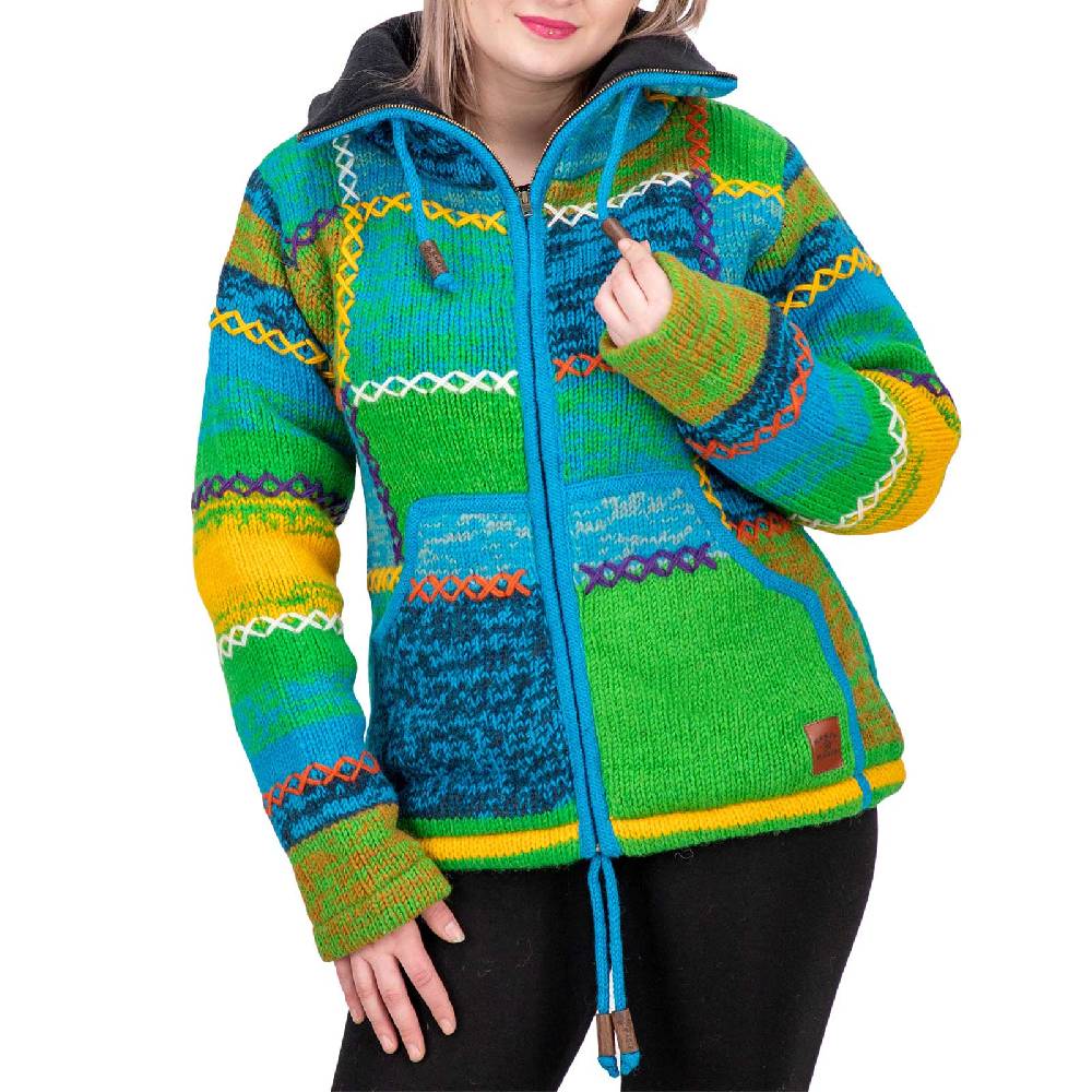 Kunst Und Magie Damen Strickjacke Goa Wolle Bunte Patchwork Jacke mit Fleecefutter und Hochkragen