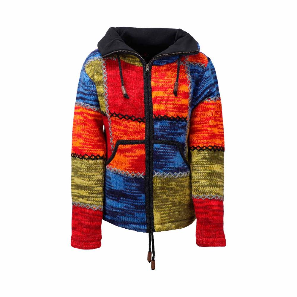 Kunst Und Magie Damen Strickjacke Goa Wolle Bunte Patchwork Jacke Mit Fleecefutter Und Hochkragen Fair