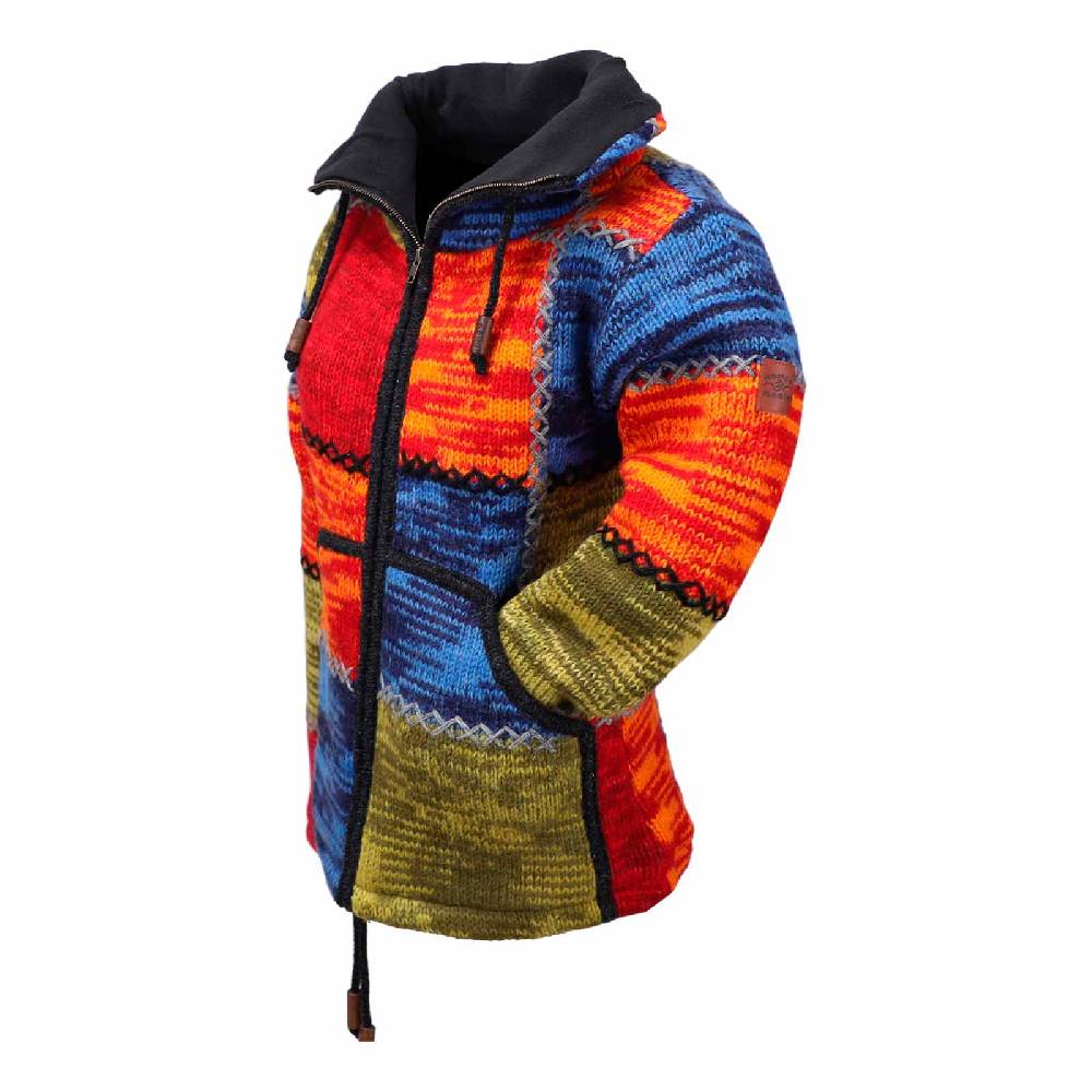 Kunst Und Magie Damen Strickjacke Goa Wolle Bunte Patchwork Jacke Mit Fleecefutter Und Hochkragen Fair