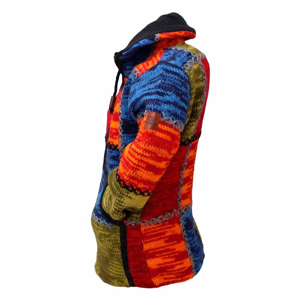 Kunst Und Magie Damen Strickjacke Goa Wolle Bunte Patchwork Jacke Mit Fleecefutter Und Hochkragen Fair