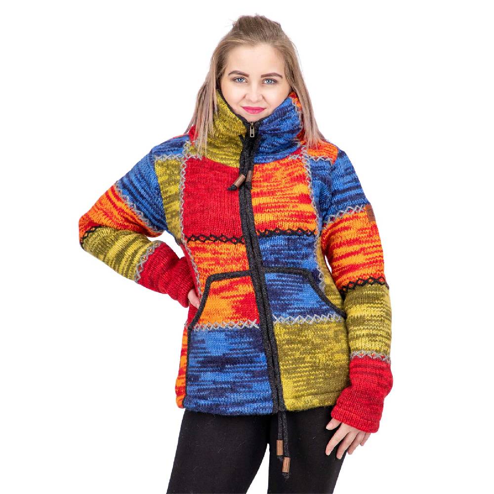 Kunst Und Magie Damen Strickjacke Goa Wolle Bunte Patchwork Jacke mit Fleecefutter und Hochkragen Fair