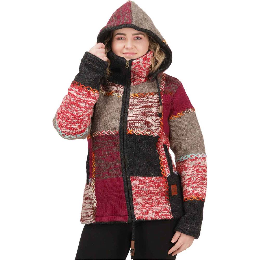 Kunst Und Magie Damen Strickjacke Goa Wolle Bunte Patchwork Jacke Fleecefutter Hochkragen abnehmbarer Kapuze