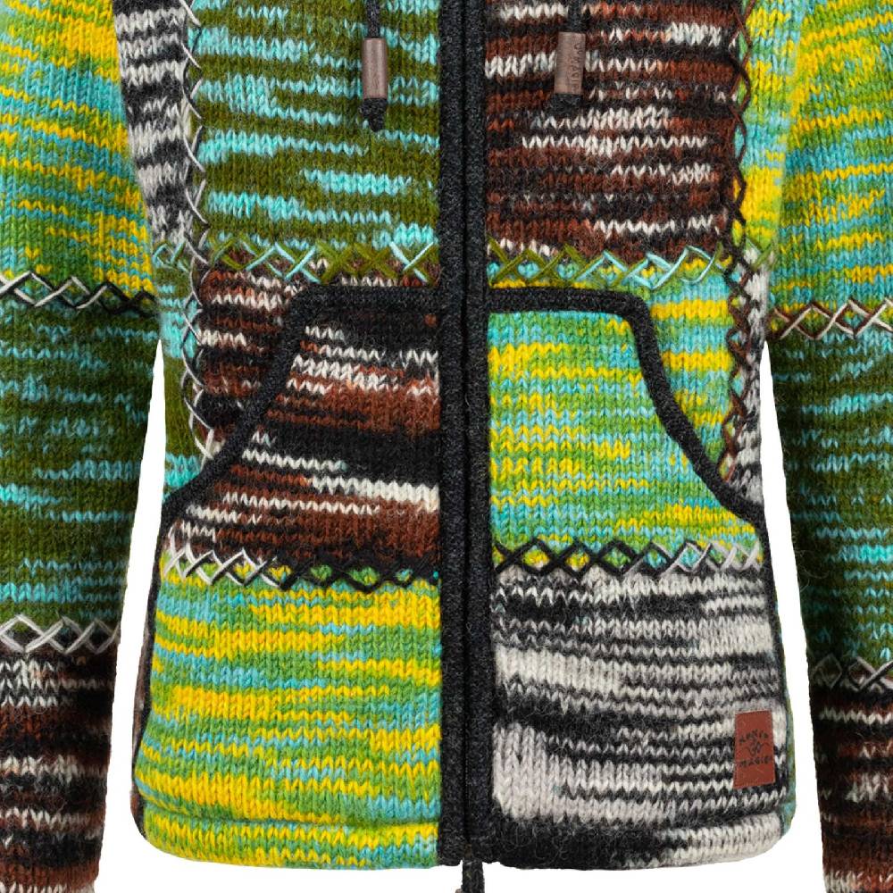 Kunst Und Magie Damen Strickjacke Goa Wolle Bunte Patchwork Winter Jacke Fleecefutter Hochkragen Zipfelkapuze