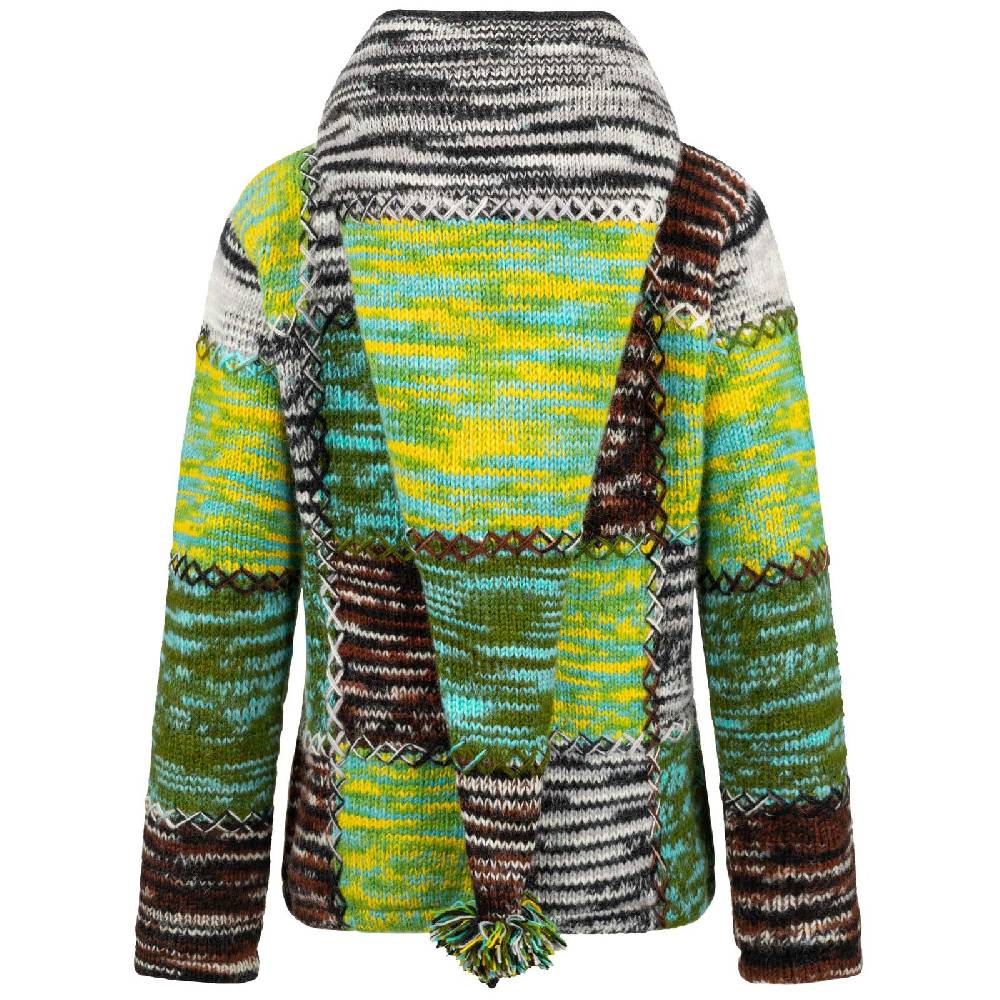 Kunst Und Magie Damen Strickjacke Goa Wolle Bunte Patchwork Winter Jacke Fleecefutter Hochkragen Zipfelkapuze