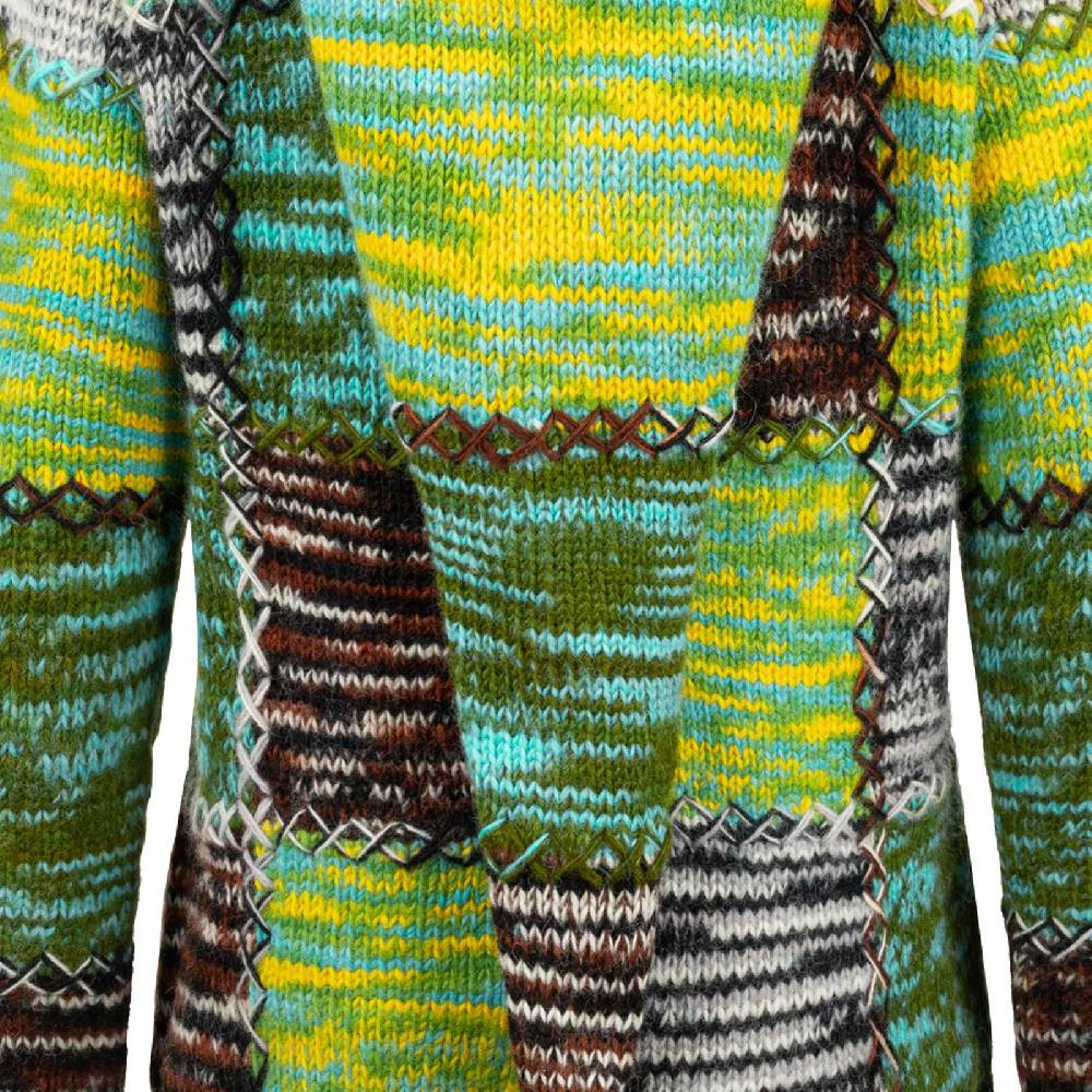 Kunst Und Magie Damen Strickjacke Goa Wolle Bunte Patchwork Winter Jacke Fleecefutter Hochkragen Zipfelkapuze