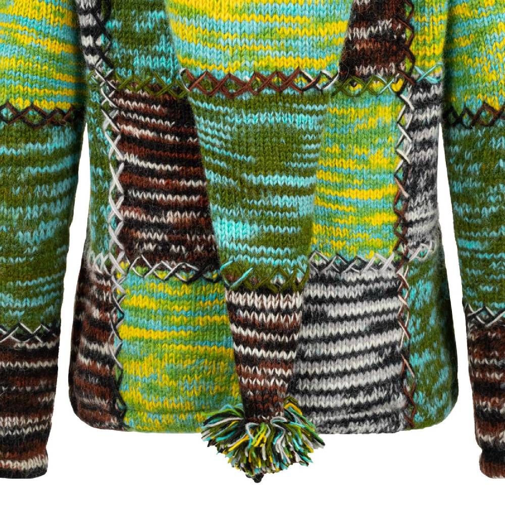 Kunst Und Magie Damen Strickjacke Goa Wolle Bunte Patchwork Winter Jacke Fleecefutter Hochkragen Zipfelkapuze