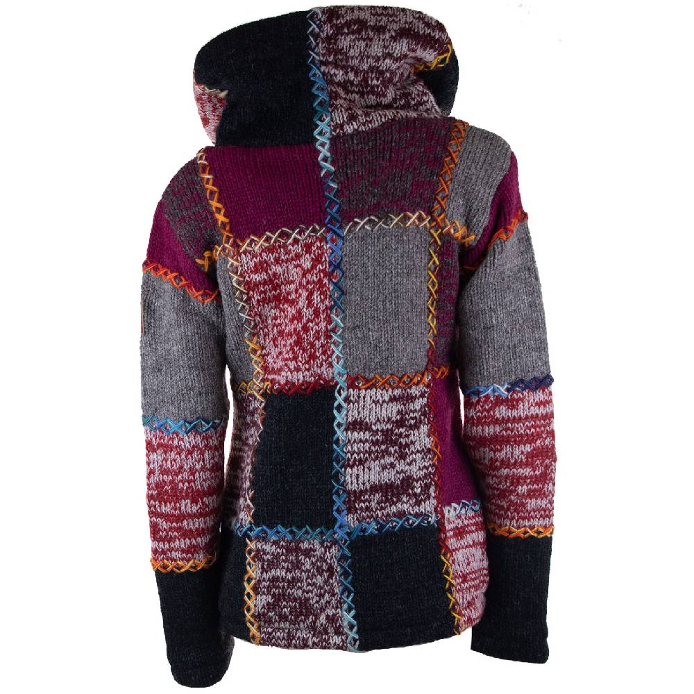 Kunst Und Magie Damen Strickjacke Goa Wolle Bunte Patchwork Winter Jacke Mit Fleecefutter Und Hochkragen Boho