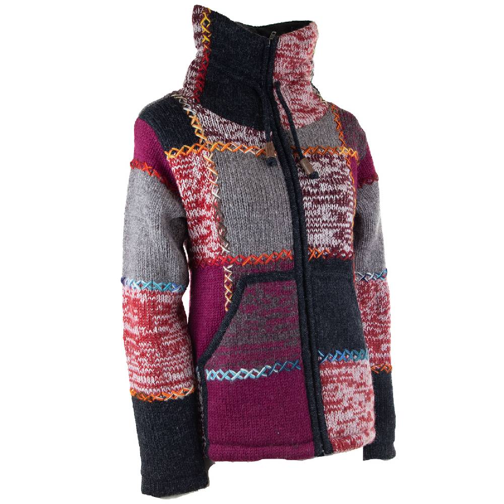 Kunst Und Magie Damen Strickjacke Goa Wolle Bunte Patchwork Winter Jacke Mit Fleecefutter Und Hochkragen Boho