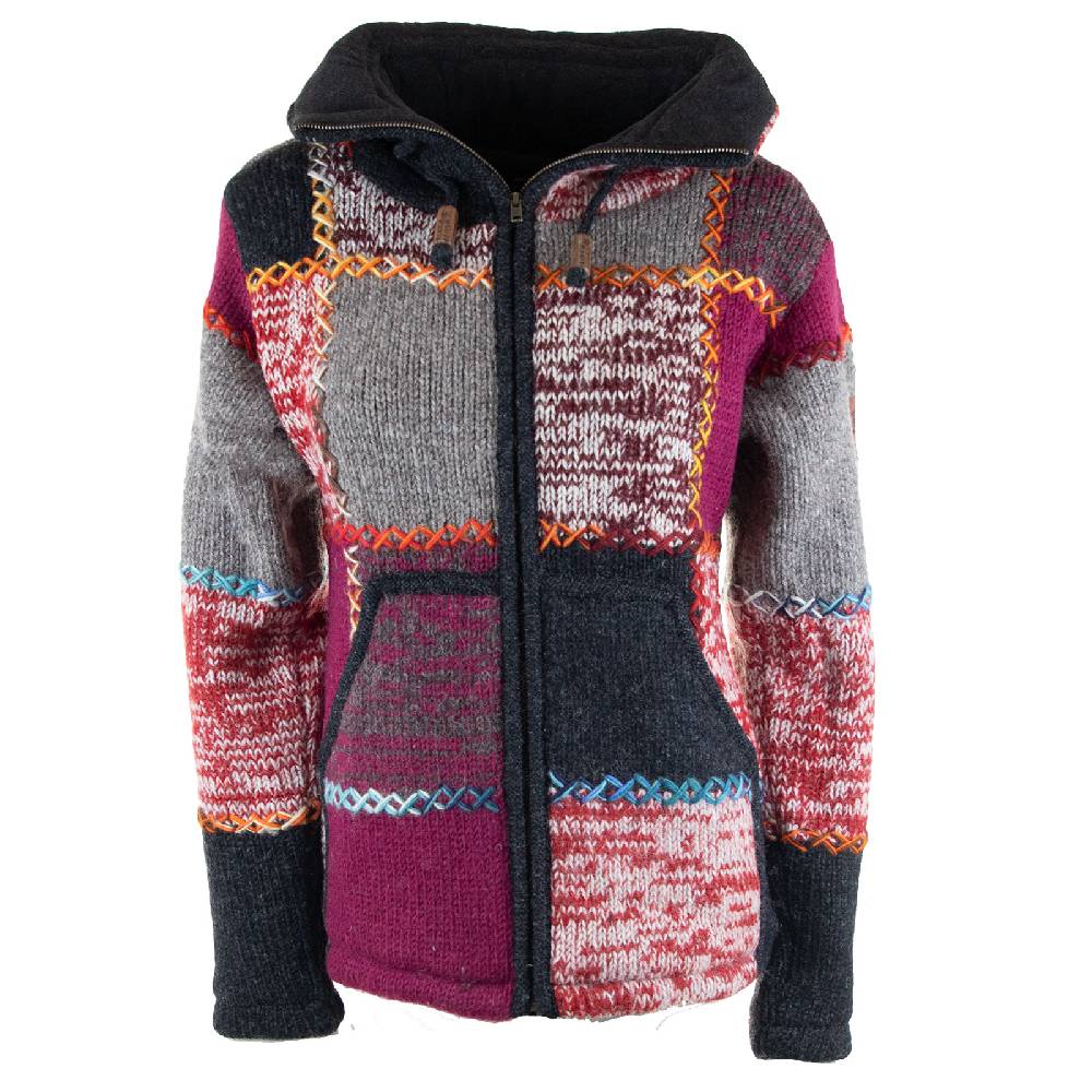 Kunst Und Magie Damen Strickjacke Goa Wolle Bunte Patchwork Winter Jacke Mit Fleecefutter Und Hochkragen Boho