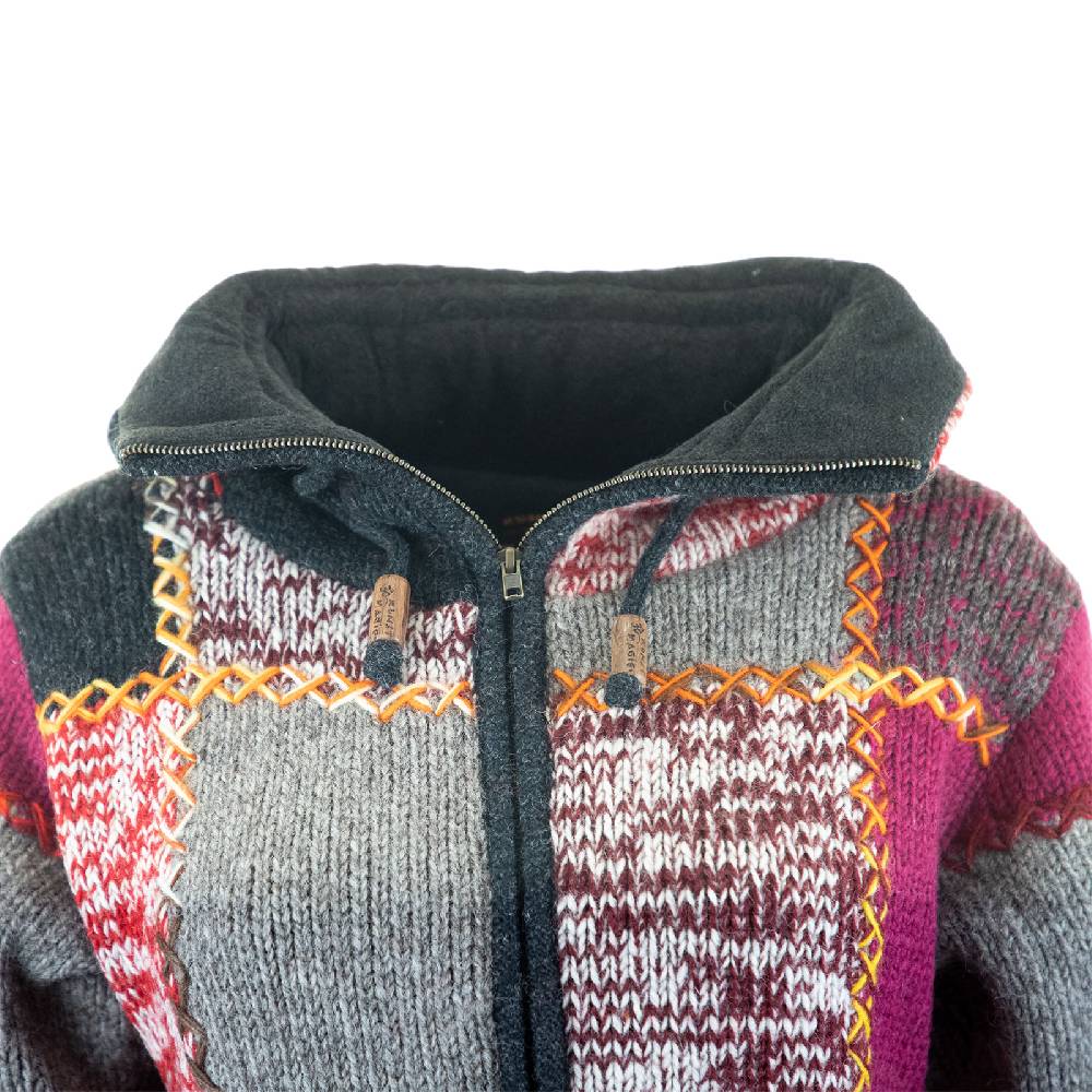 Kunst Und Magie Damen Strickjacke Goa Wolle Bunte Patchwork Winter Jacke Mit Fleecefutter Und Hochkragen Boho