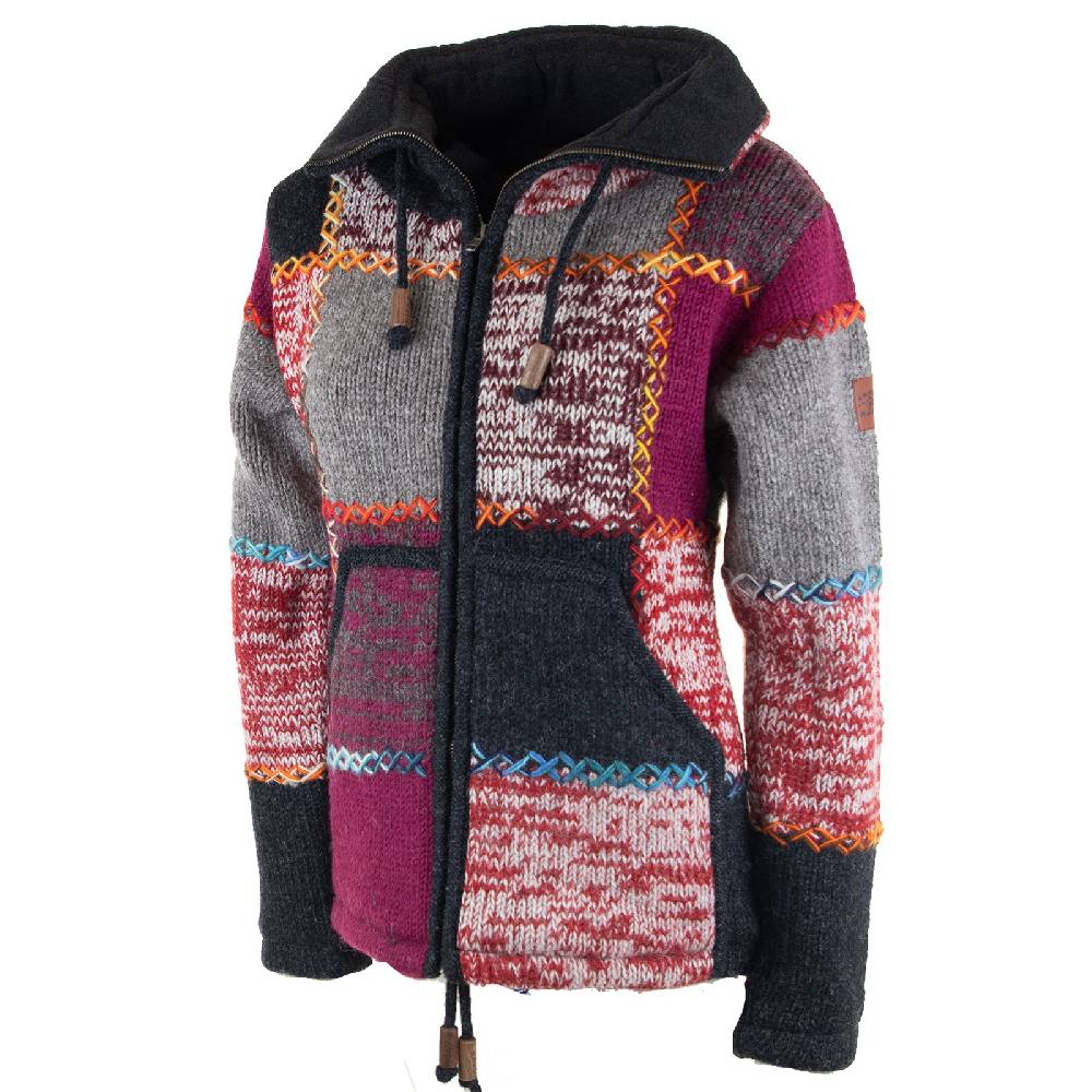 Kunst Und Magie Damen Strickjacke Goa Wolle Bunte Patchwork Winter Jacke mit Fleecefutter und Hochkragen Boho