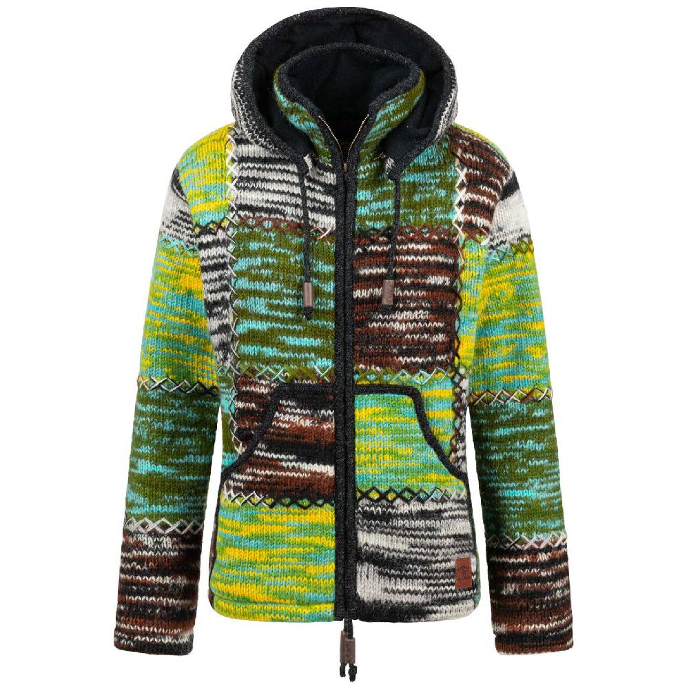 Kunst Und Magie Damen Strickjacke Goa Wolle Bunte Patchwork Winter Jacke Fleecefutter Hochkragen Zipfelkapuze