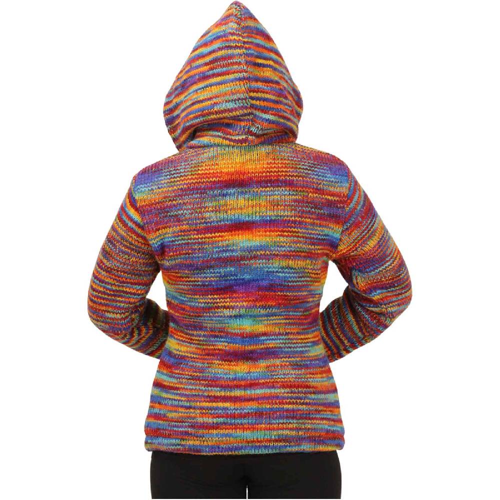 Kunst Und Magie Damen Strickjacke Goa Wolle Bunte Regenbogen Jacke Fleecefutter Hochkragen Abnehmbarer Kapuze