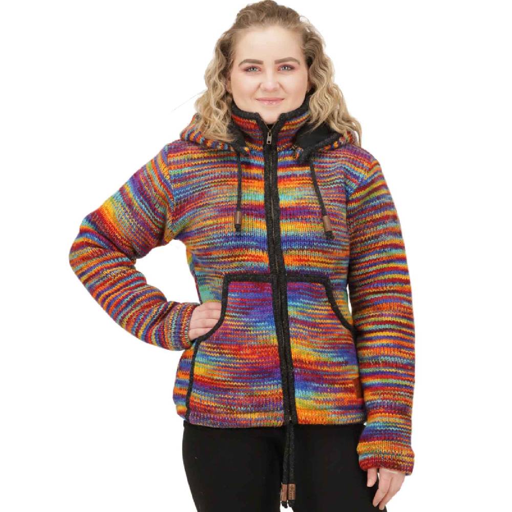 Kunst Und Magie Damen Strickjacke Goa Wolle Bunte Regenbogen Jacke Fleecefutter Hochkragen Abnehmbarer Kapuze
