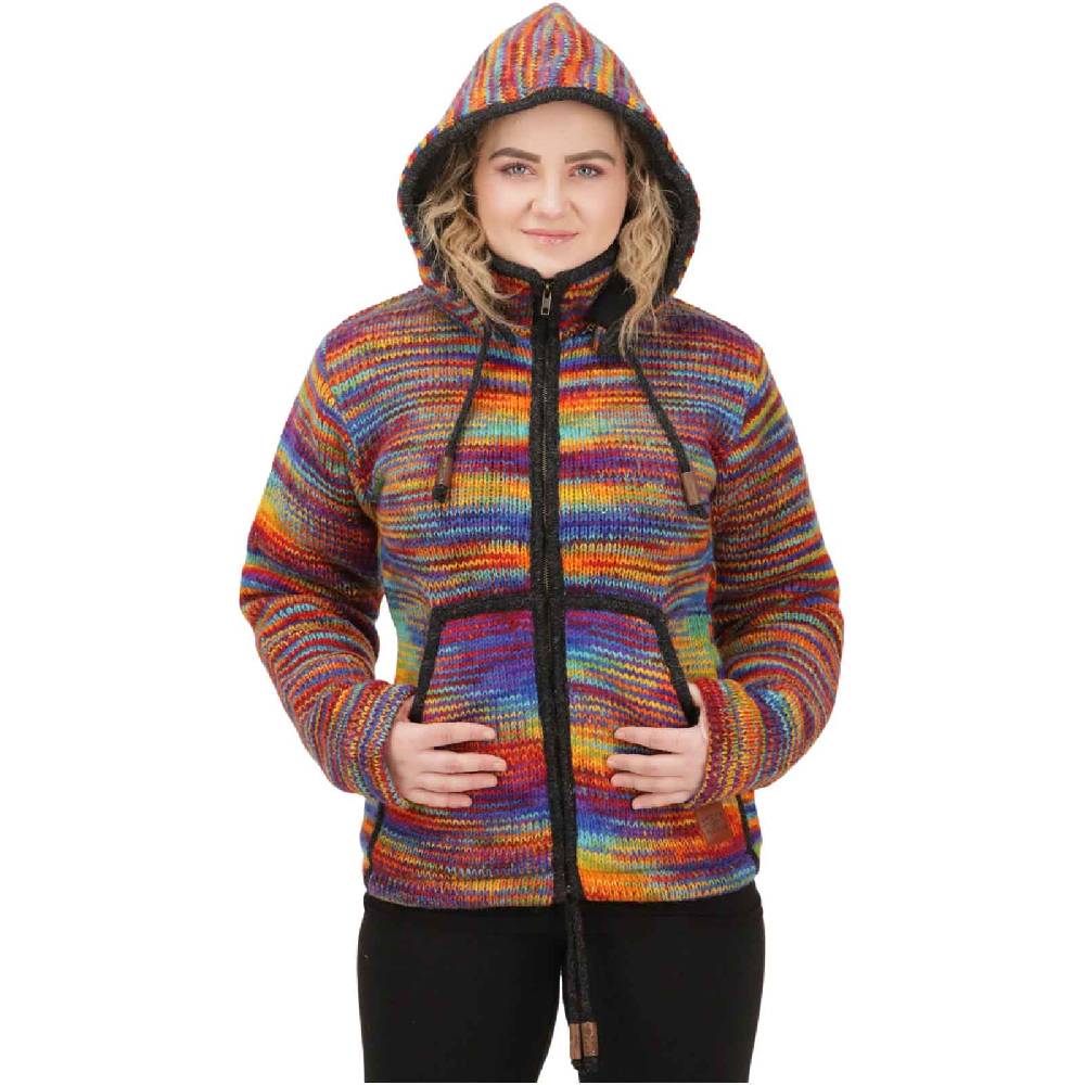 Kunst Und Magie Damen Strickjacke Goa Wolle Bunte Regenbogen Jacke Fleecefutter Hochkragen Abnehmbarer Kapuze
