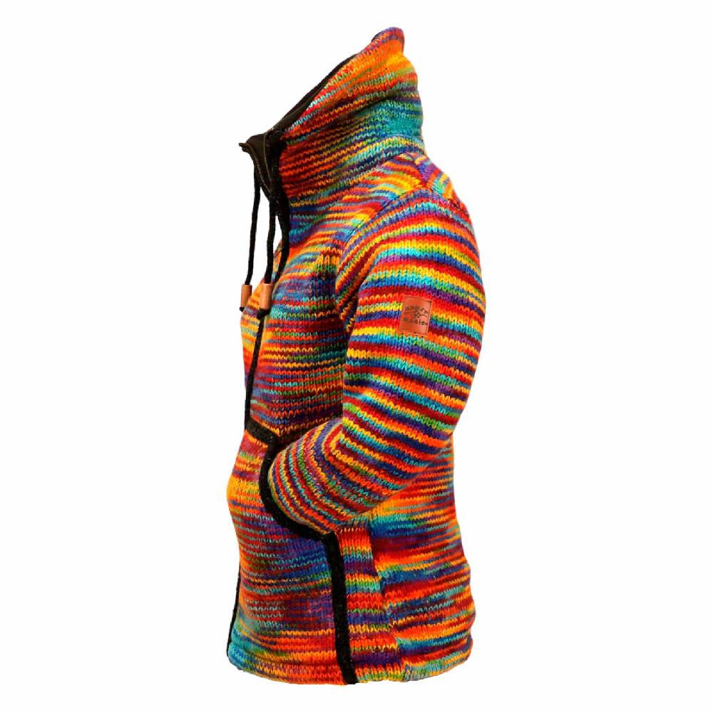 Kunst Und Magie Damen Strickjacke Goa Wolle Bunte Regenbogen Jacke Fleecefutter Hochkragen Goa Boho Fair